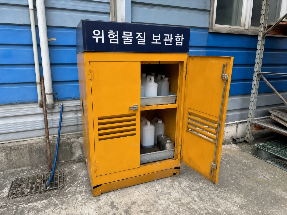 CCTV로 촬영해 사진 점검하는 현장: 오른쪽 문이 열린 위험물질 보관함
