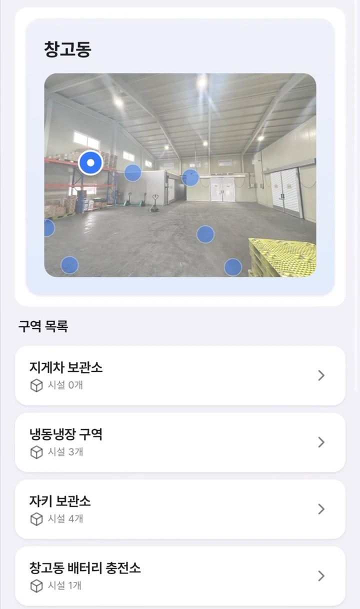 순회점검 앱 실제 화면: 창고동 현장 사진 위에 점검 자리가 점으로 찍혀 있고, 아래에 지게차 보관소, 냉동냉장 구역, 자키 보관소, 창고동 배터리 충전소 구역 목록