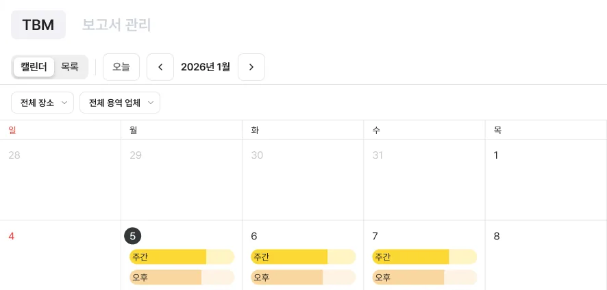 관리자 페이지 TBM 달력 실제 화면: 2026년 1월 달력, 5일 칸에 주간 TBM과 오후 TBM 막대