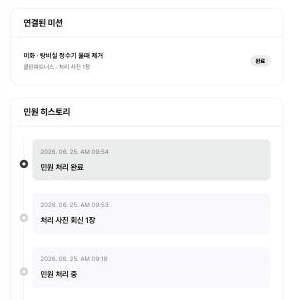 관리자 페이지 요청내역 관리 실제 화면의 상세: 연결된 미션 미화 · 탕비실 정수기 물때 제거 완료, 민원 히스토리 민원 처리 중, 처리 사진 회신 1장, 민원 처리 완료